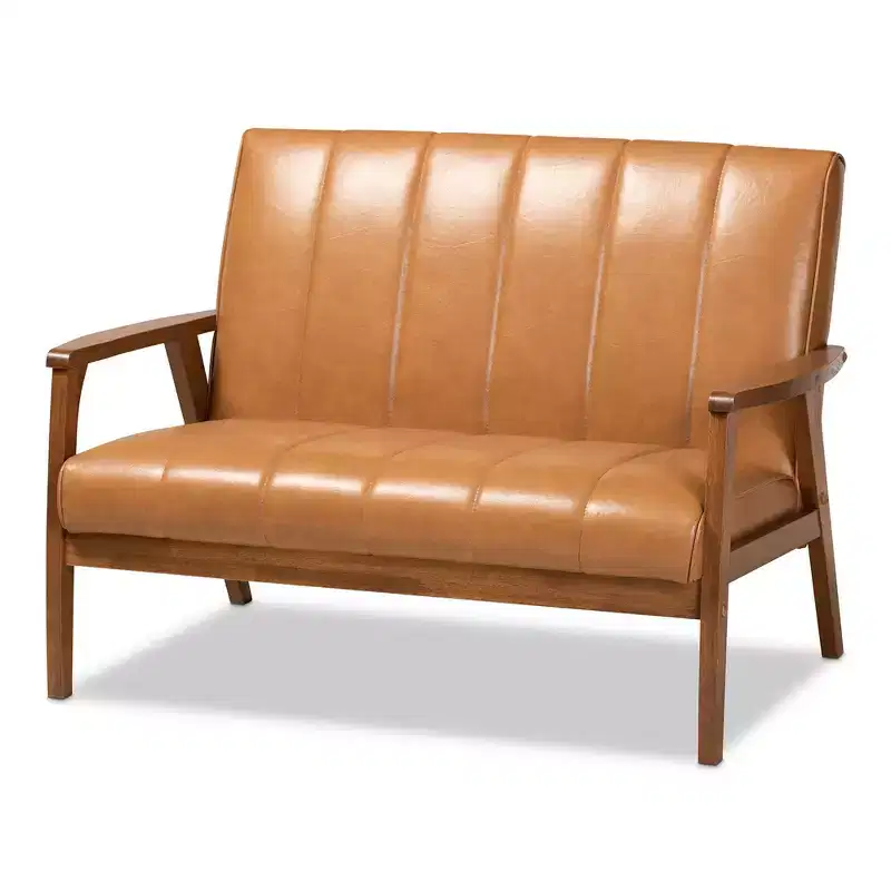 Baxton Studio Nikko Mid-Century Faux Leather Upholstered Wood Loveseat Walnut/Brown : 2-Seater, Tufted Back, Wooden Frame