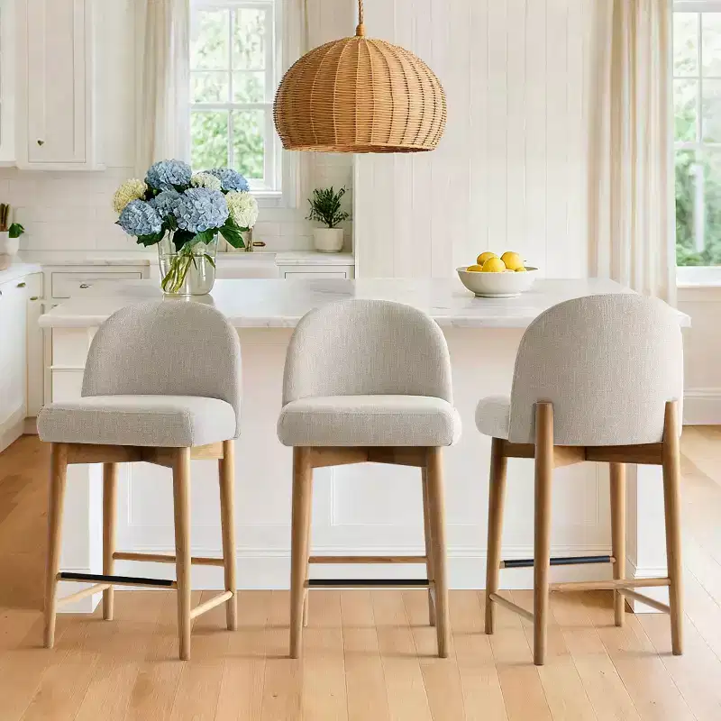 Set of 3 Linen Counter Height Stools with Back, Solid Wood Legs, 25 Seat High Counter Stool Chairs for Kitchen Island, Bar Area-Panipeachy