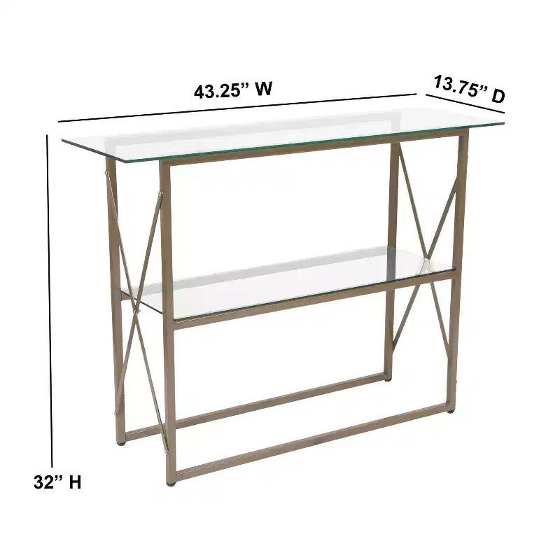 Modern Clear Glass Console Table — Gold Crisscross Frame, 2 Tempered Glass Shelves