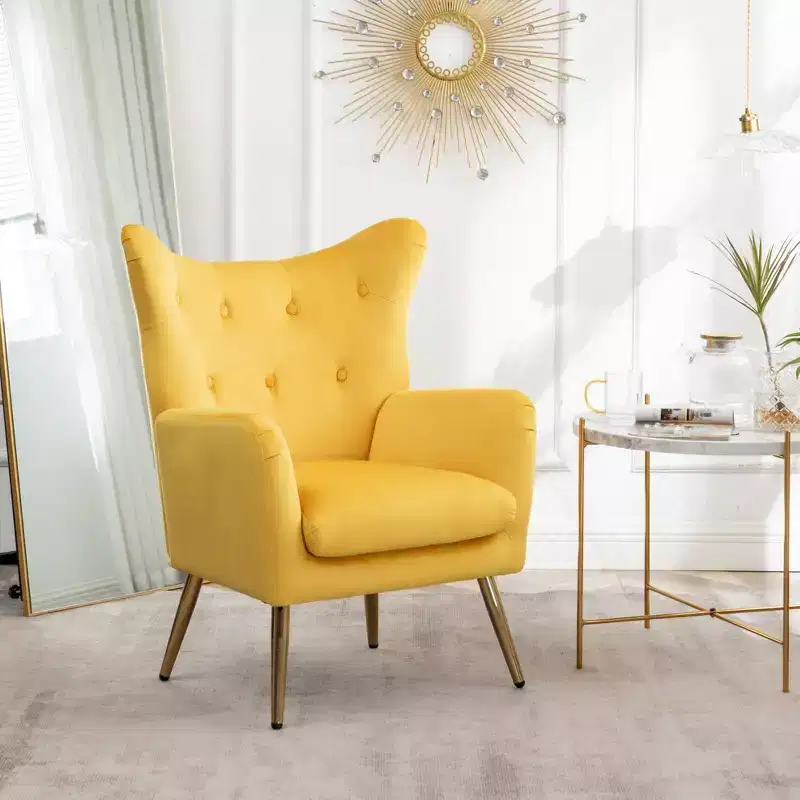 Velvet Button-Tufted Wing Back Accent Chair, Yellow