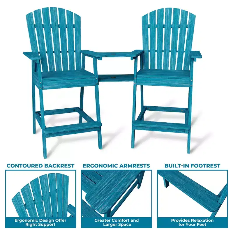 2Pcs Patio Tall Adirondack Chairs Bar Chairs, Outdoor Adirondack Barstools with Connecting Tray, Bar Stool Chair with High Back