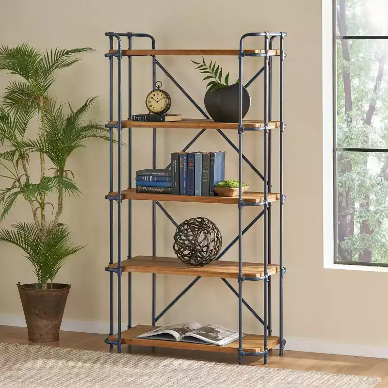Christopher Knight Home Yorktown 66.75 5-Shelf Industrial Bookcase Brown: Metal & Wood, Console Style, 250lb Capacity