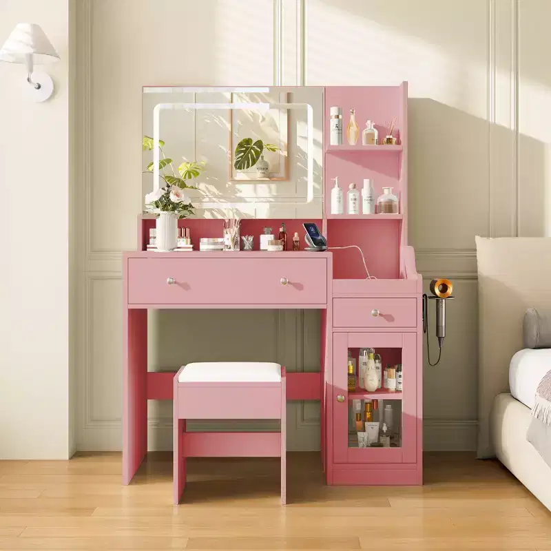 Vanity Desk with Mirror, Power Outlet, Hair Dryer Bracket, 2 Drawers, 3 Color Modes