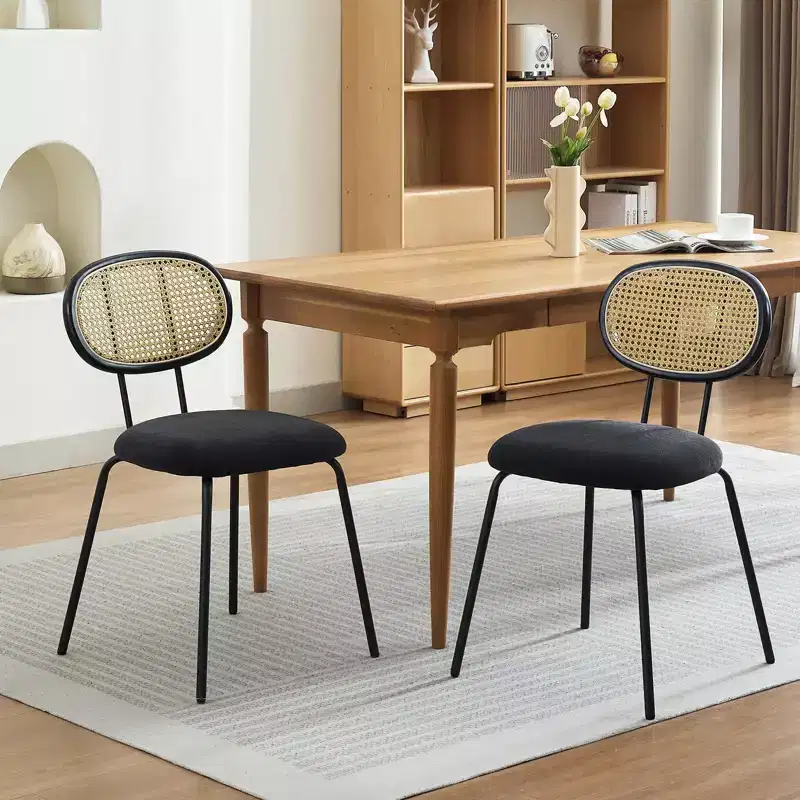 Set of 2 Metal Dining Chairs, Modern Upholstered Kitchen Chairs with Woven Grid Back & Sturdy Metal Frame, Farmhouse Style, Black