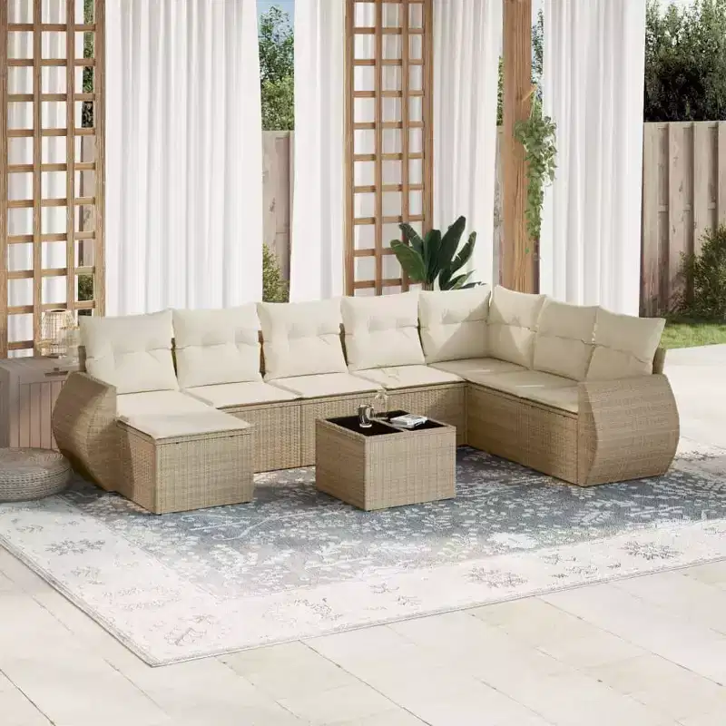 vidaXL 9 Piece Patio Sofa Set with Cushions Beige Poly Rattan