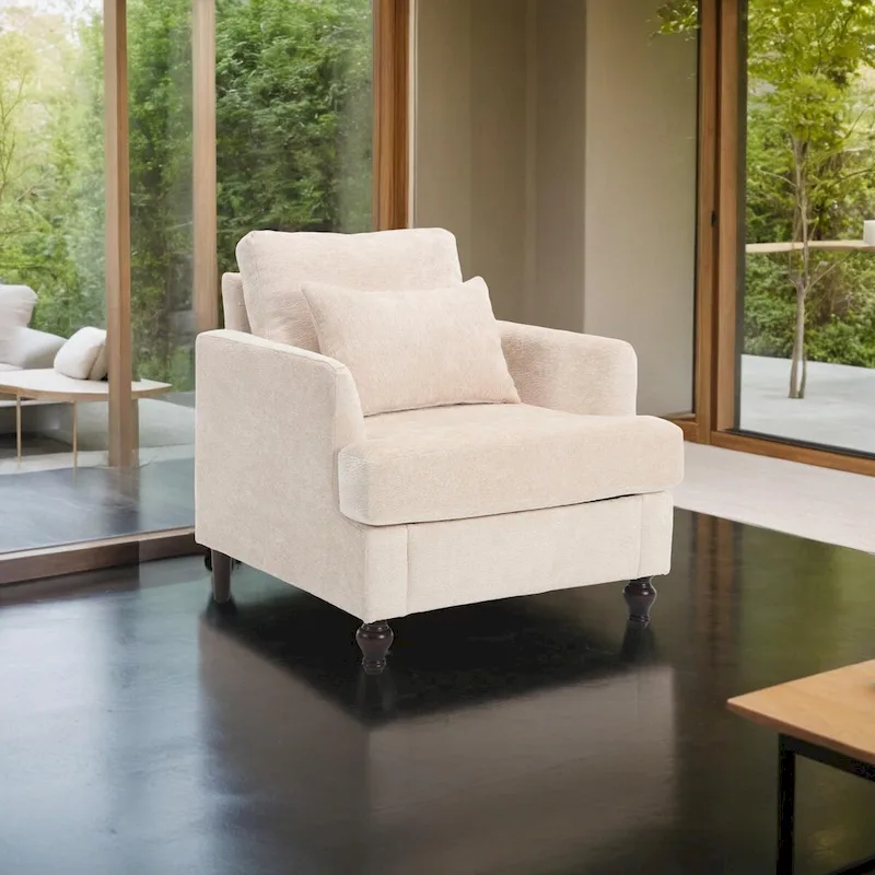 Chenille Single Sofa Chair, Upholstered Accent Chair with Soft Pillow, Mid Century Modern Reading Armchair