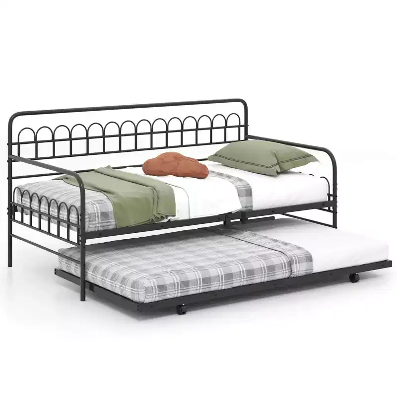 Costway Twin Daybed with Trundle Curved Backrest & Armrests Heavy-duty Metal Slats Black/Gold