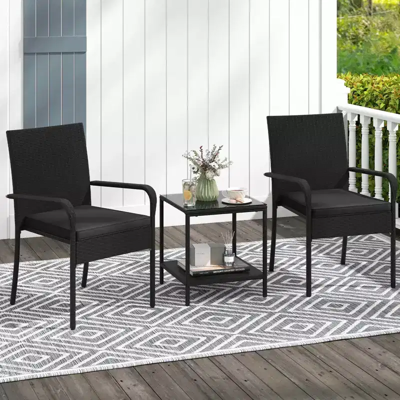 Costway 3 PCS Patio Furniture Set with 2-Tier Table Tempered Glass Tabletop & Soft Cushions White/Black/Brown