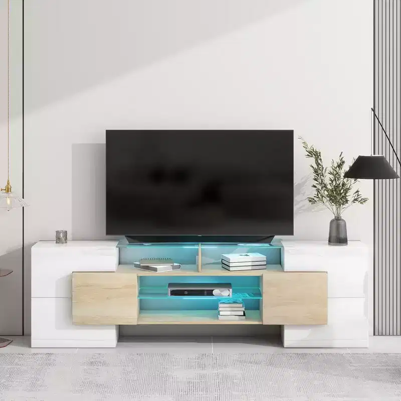 80 Modern TV Stand, Entertainment Center With 2 Illuminated Glass Shelves TV Cabinet For Living Room