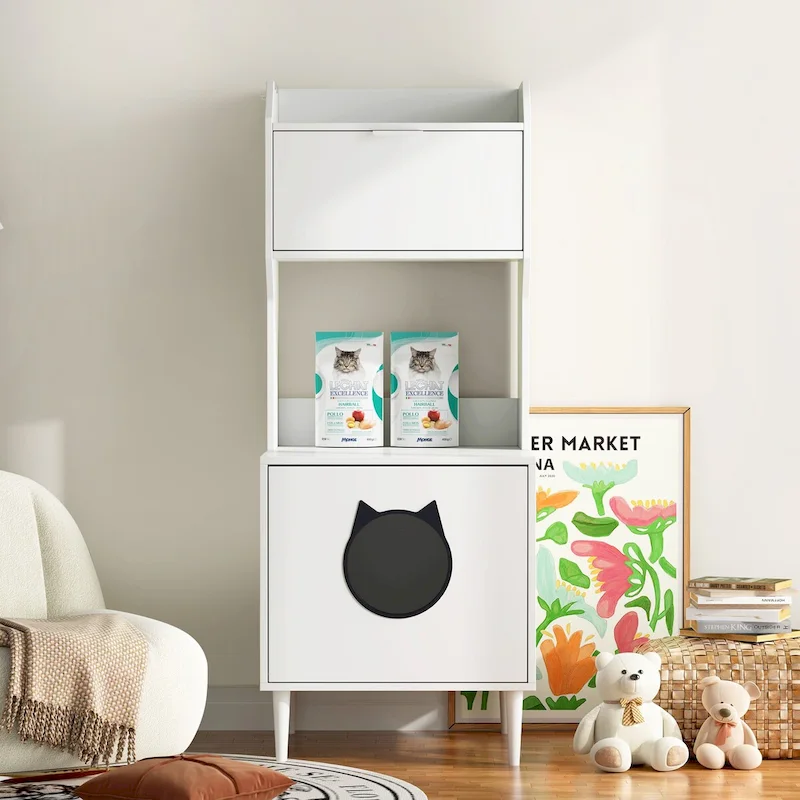 Litter Box Enclosure with Shelves&Doors,White Wooden Hidden Cat Litter Box,Industrial Indoor Cat House Pet Crate Storage Cabinet