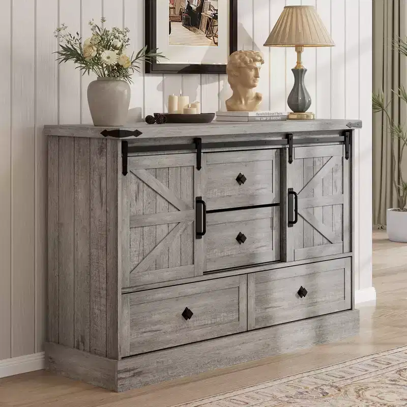 Farmhouse Dresser for Bedroom w/4 Drawers & Sliding Barn Doors, Chest of Drawers, Rustic Dresser TV Stand w/Shelf, Organizer for Living Room, Entryway