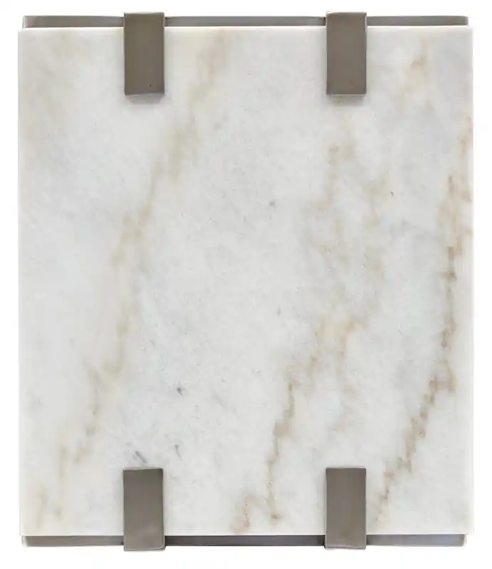 22 Modern End Table with Shelf - White Marble Top with Brushed Platinum Frame