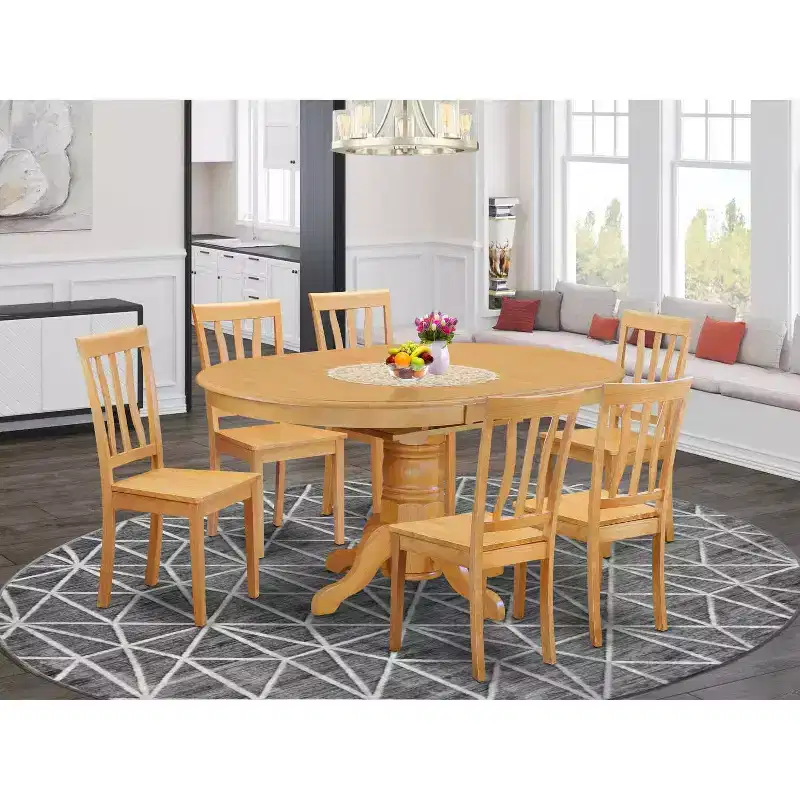 7-Piece Oval Natural Oak Finish Solid Wood Top Dining Table with 6-Chairs with