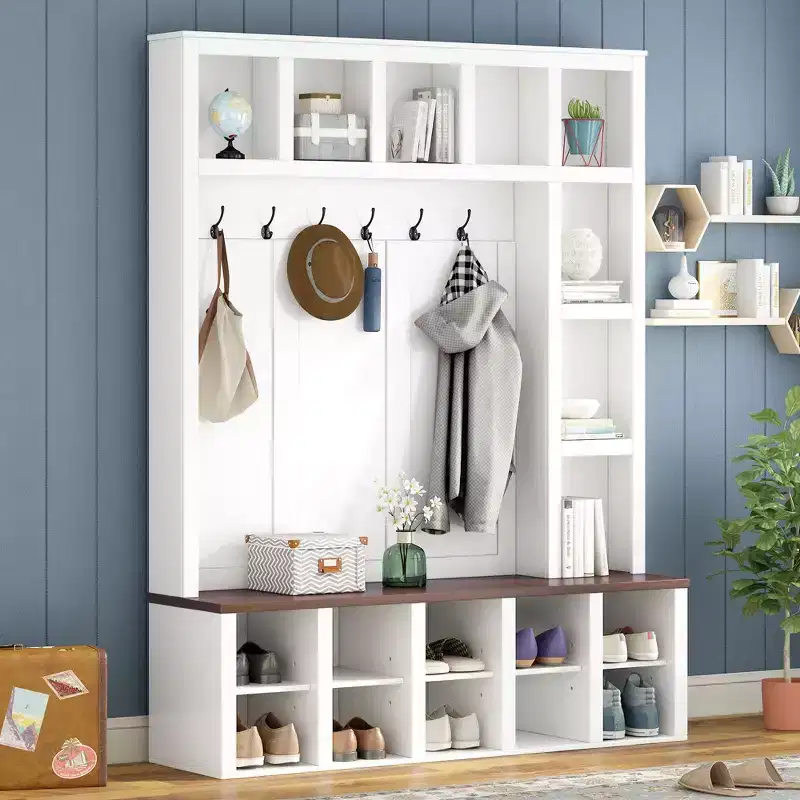 Farmhouse Hall Tree with 6 Hooks, Storage Rack with Storage Bench and Adjustable Shelves, 4-In-1 Coat Rack for Living Room, White+Walnut