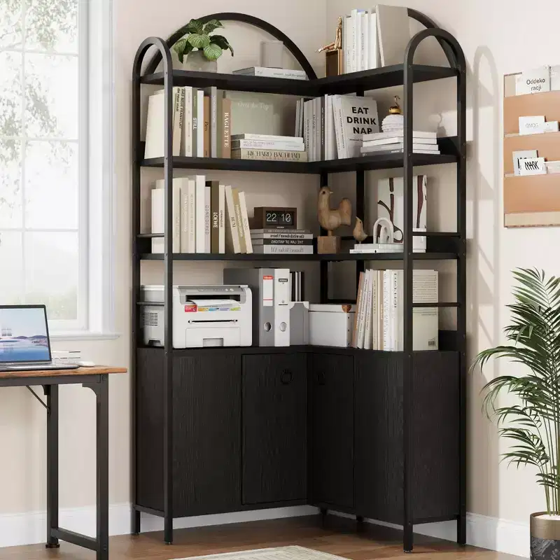 74.5 Tall Arched Corner Bookshelf with Cabinet,Freestanding Storage Bookcase with Adjustable Feet & Anti-Tip Kit for Office, Living Room