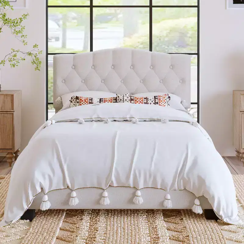 Upholstered Linen Platform Bed Frame with Curved Tufted Adjustable Headboard Beige-ModernLuxe