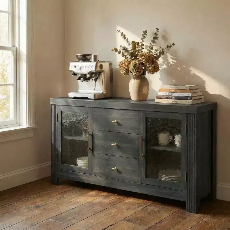 54.4 Modern Buffet Sideboard with 2 Glass Doors & 3 Drawers,Versatile Storage Cabinet, Coffee Bar, TV Stand for Living Room, Kitchen, Dining Room