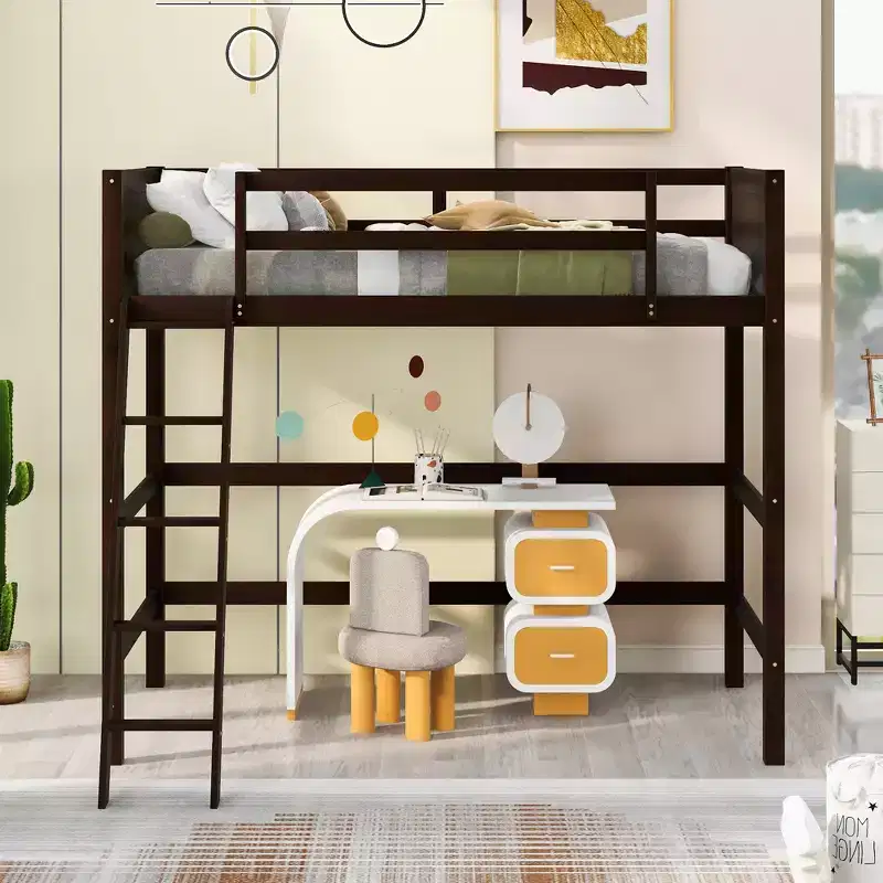 Twin Size Wood Loft Bed with Ladder, Wooden Bed Frame, No Box Spring Needed - ModernLuxe