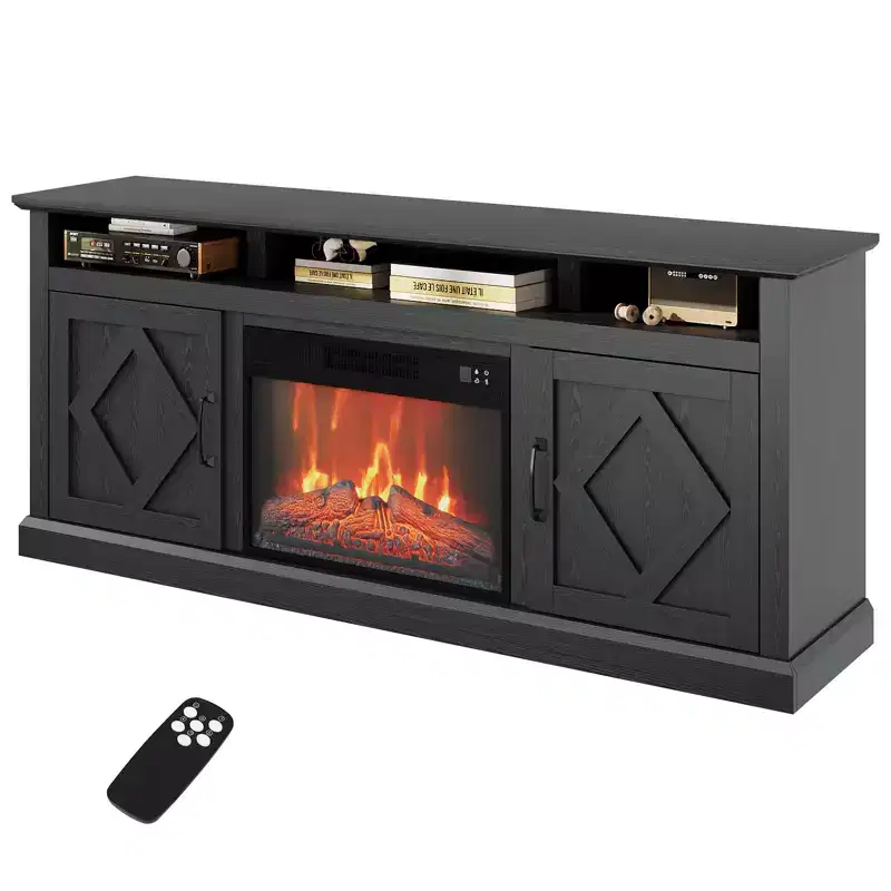 67-inch Fireplace TV Console with 23-inch Electric Fireplace, 3D Flame Effect, Adjustable Brightness, Remote Control, Open Shelving and Storage Space