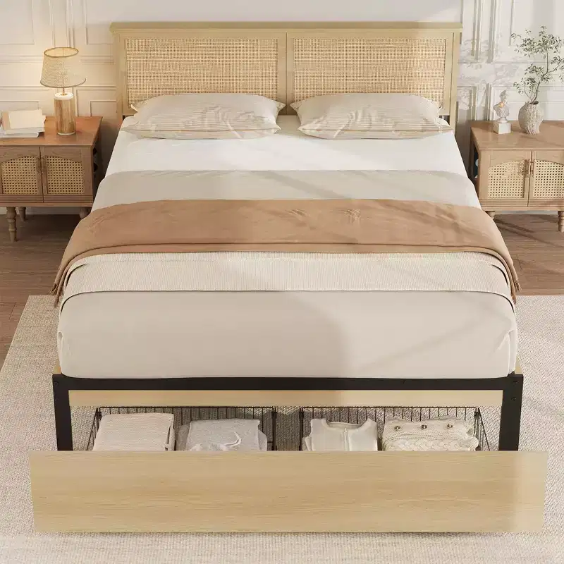 Rattan Bed Frame Bed Frame with 2 Drawers, Wooden Platform Bed with Rattan Headboard, Storage Bed Frame, No Box Spring Needed, Natural Oak