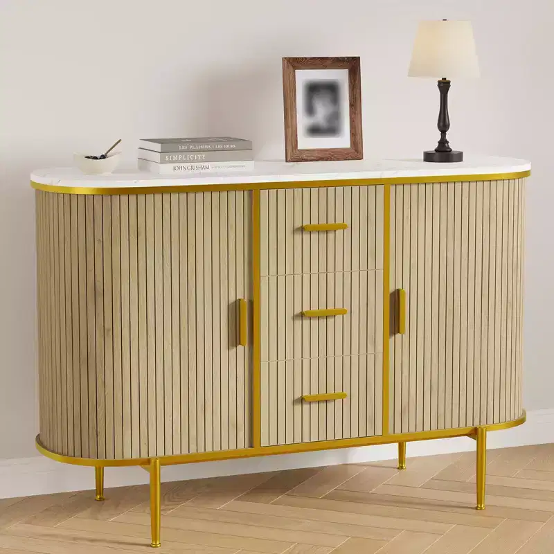 Sideboard Buffet Cabinet with Sliding Door, 3 Drawers and Fluted Design