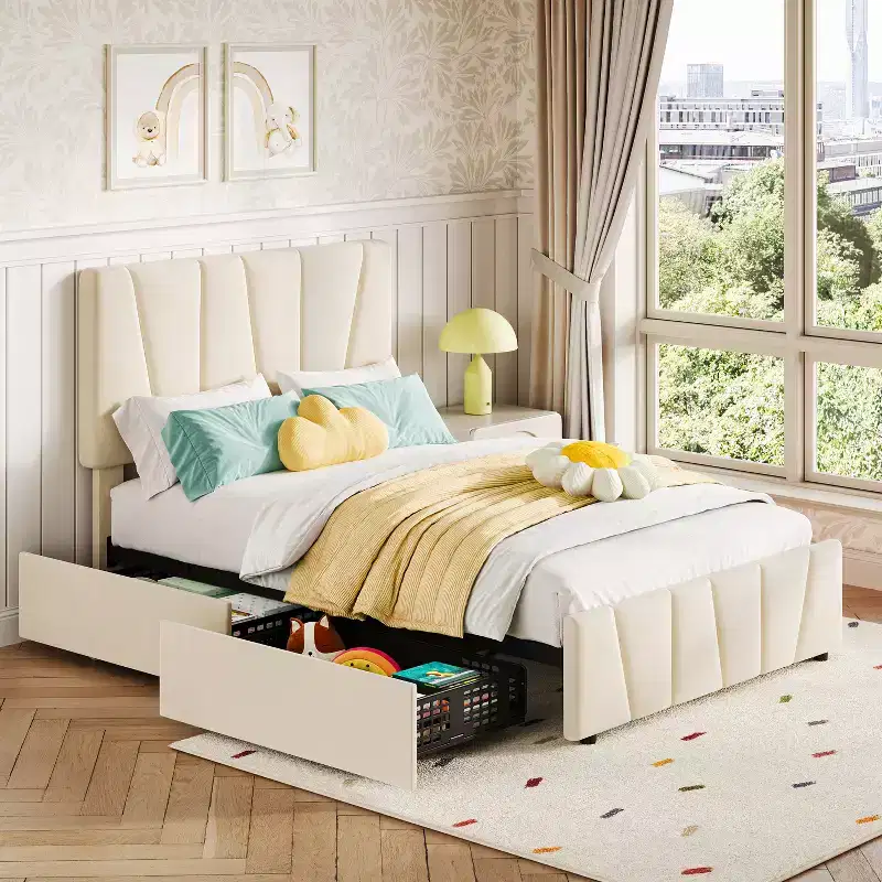 Versatile Upholstered Platform Bed Frame, Adjustable Headboard, Wooden Slats Support, No Box Spring Needed, Integrated Storage Drawers