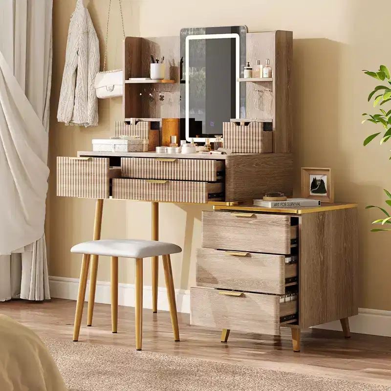 7-Drawer Dressing Table with LED Mirror and Carved Details, Grooved Makeup Vanity with Metal Legs and PU Stool, Featuring Jewelry Storage