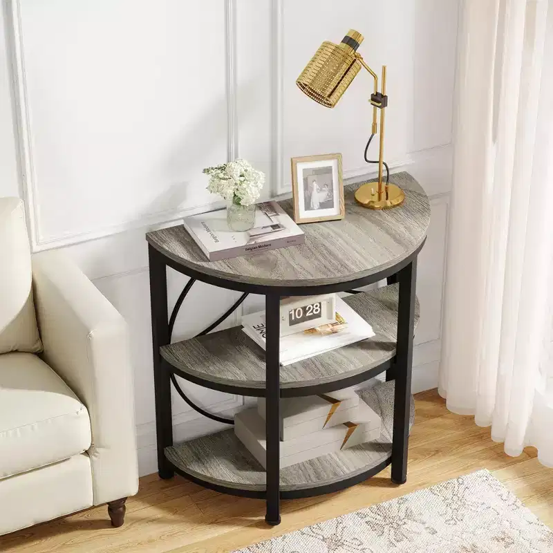 MAYEERTY Half-Round Side Table Rustic Brown Top Black Metal Legs 3-Tier Open Shelves
