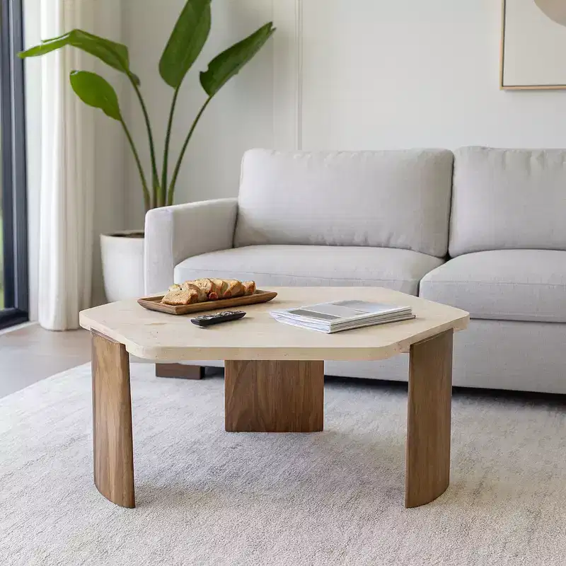 Coffee Table Sleek Octagon Design Stone & Mango Wood Modern Glam Style Home Office Bedroom Living Room Decor - 17 Brown