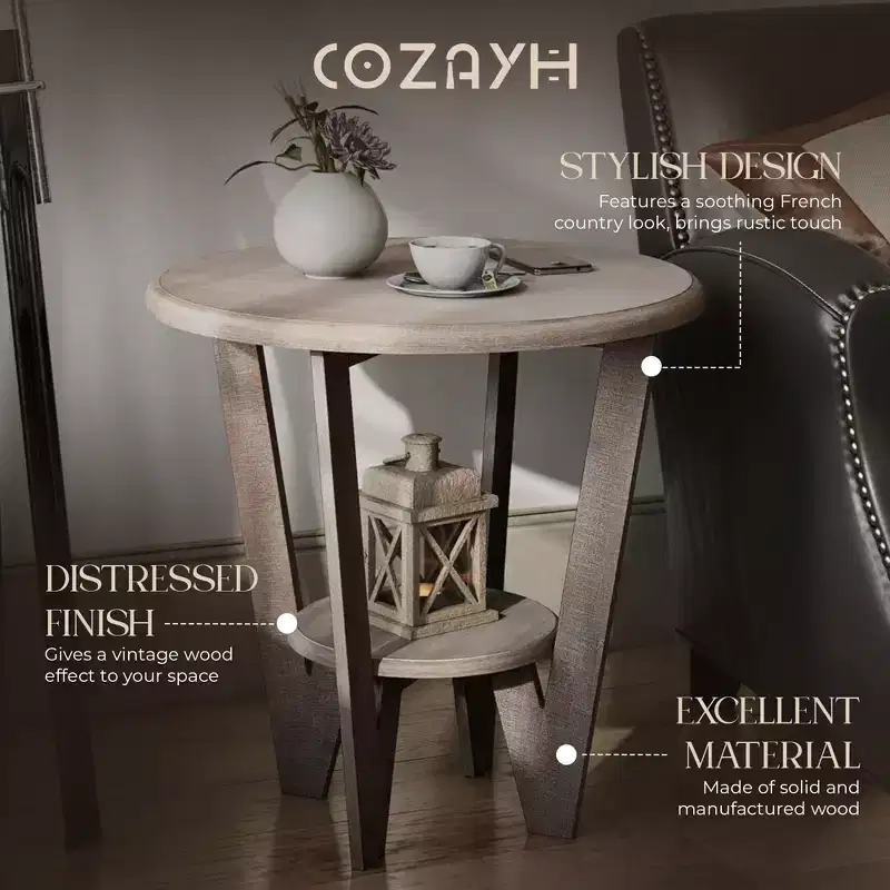 COZAYH Rustic Farmhouse Wooden End Table & Storage Shelf, Vintage Grey, Set of 2