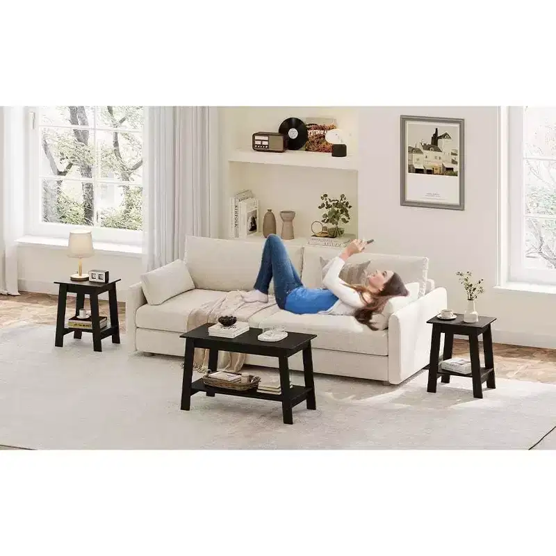 Modern Farmhouse Coffee Table with Storage Shelf, 2-Tier Rectangular Wood Center Table for Living Room & Home Office