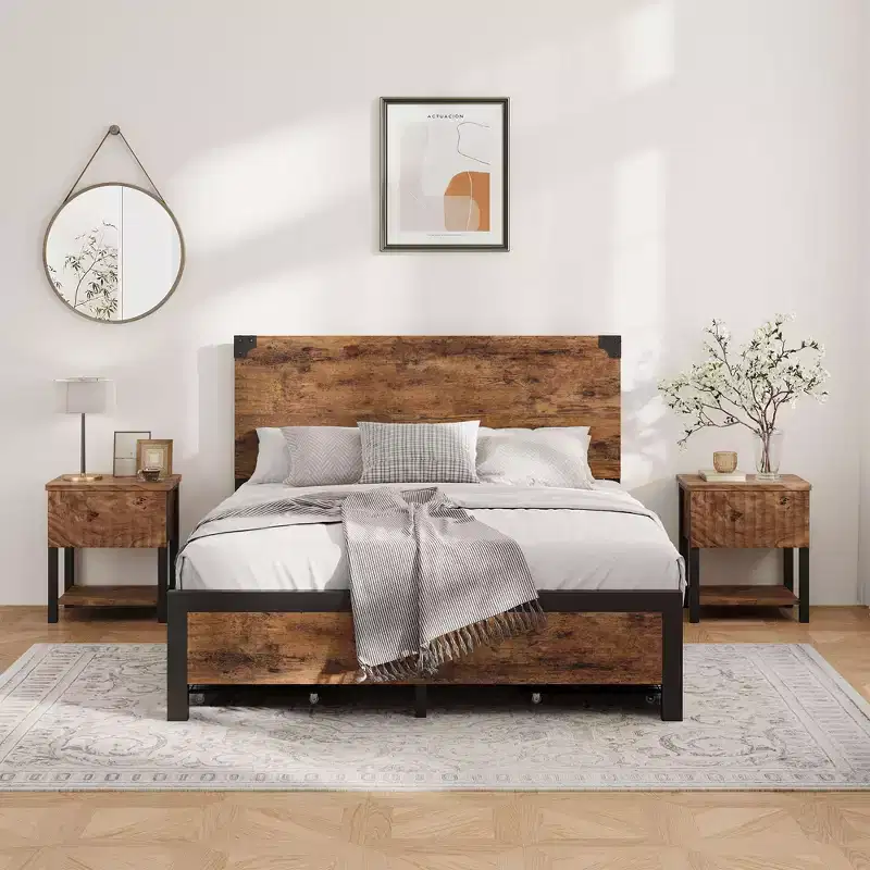 Bed Frame with 4 Storage Drawers and Heavy Duty, Strong Metal Support Bed Frame with Wooden Headboard, No Box Spring Needed, Easy Assembly