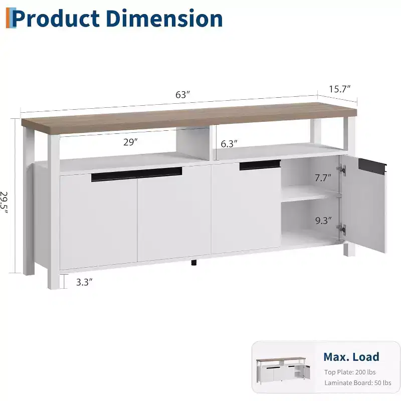 Farmhouse TV Stand for 70 In TV,63 Inch Long Entertainment Center with Storage and Open Shelf,Large Television Stand, Modern Tall Media Console Table