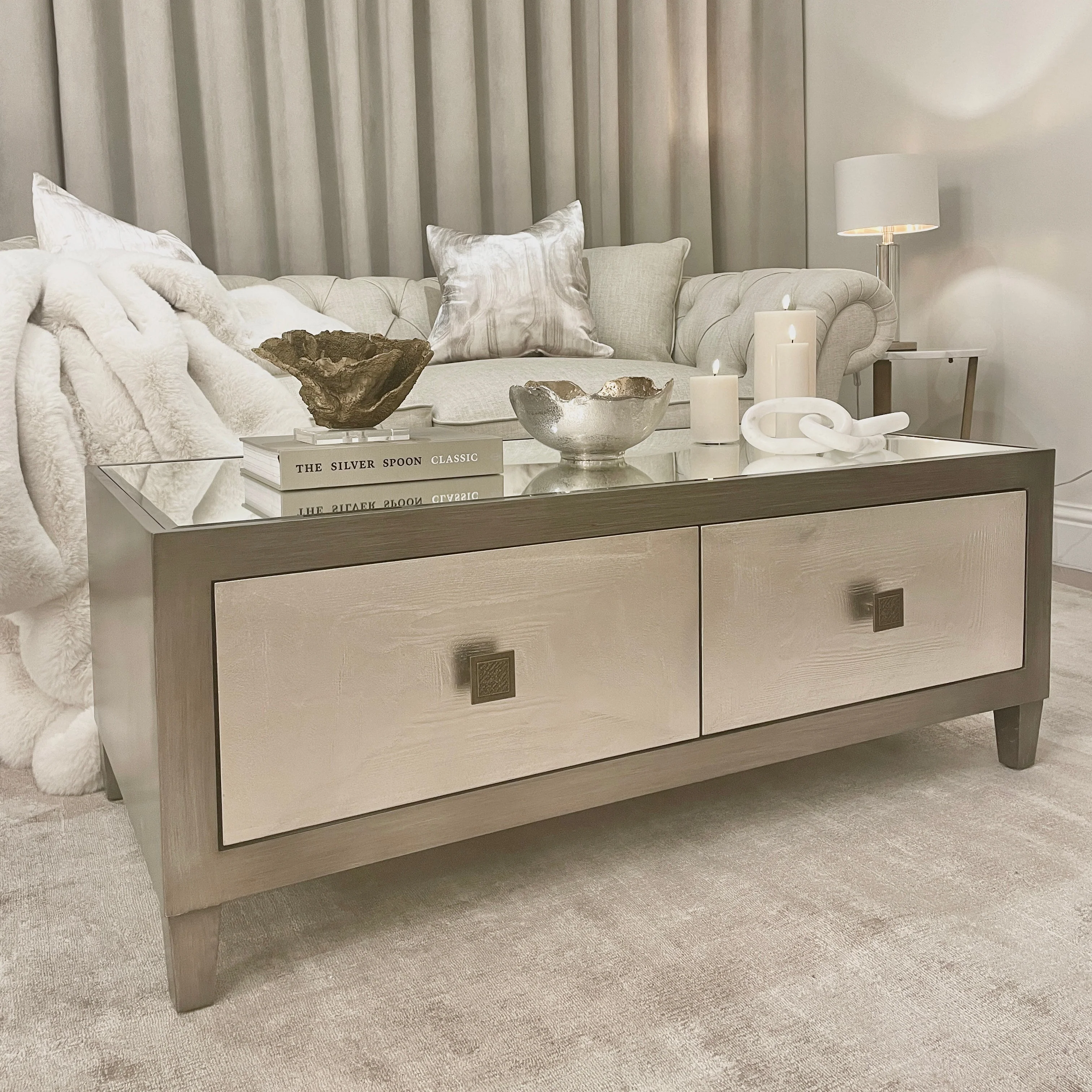 Silver & Bronze Coffee Table with Mirrored Top