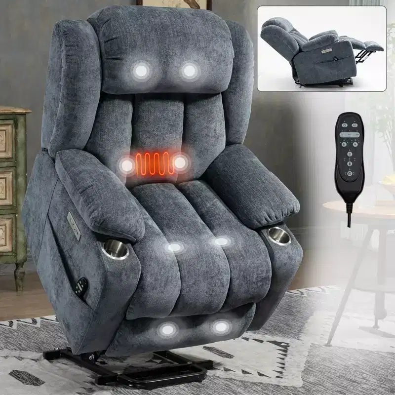CLIHOME Chenille Power Lift Recliner Chair, Heavy Duty Motion Mechanism with 8-Point Vibration Massage and Lumbar Heating, USB and Type-C Ports