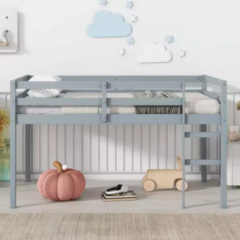 Twin High Loft Bed with Integrated Desk & Safety Guardrail, Solid Rubberwood, Grey