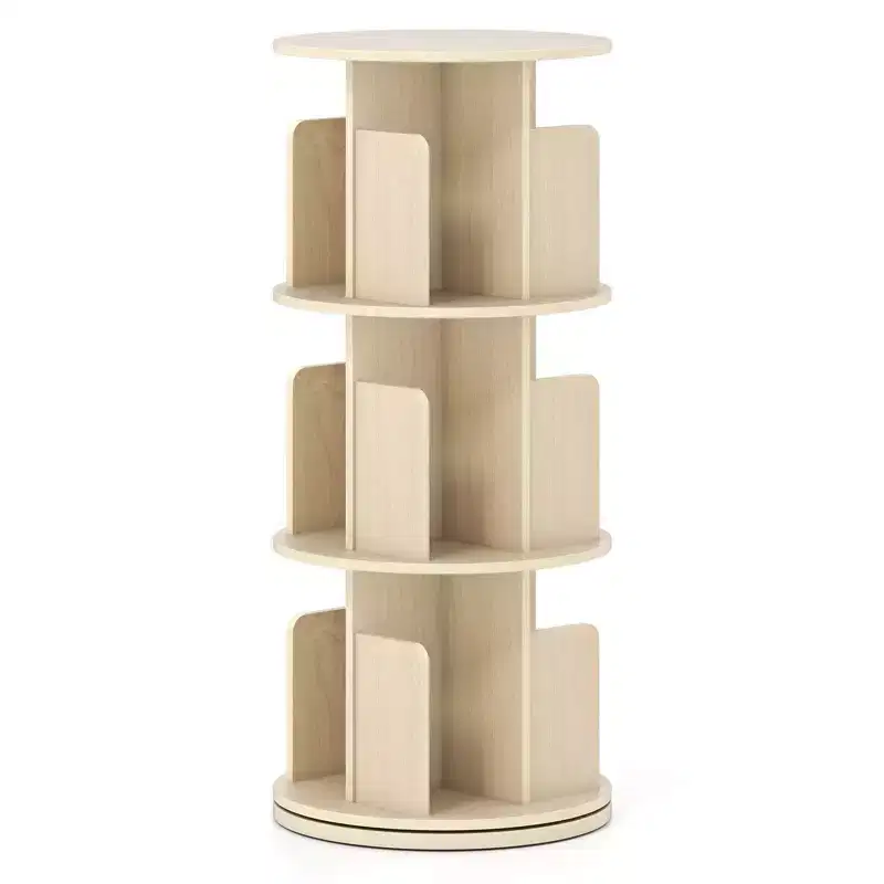 Costway 1/2 PCS 3-Tier Rotating Bookshelf 360 Display Rack with Dividers & Anti-falling Baffles Natural/White