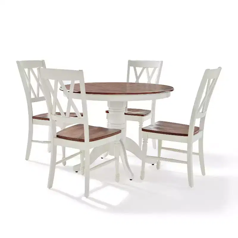 5pc Shelby Round Dining Set with 4 Chairs Distressed White - Crosley: Classic Pedestal, Farmhouse Style