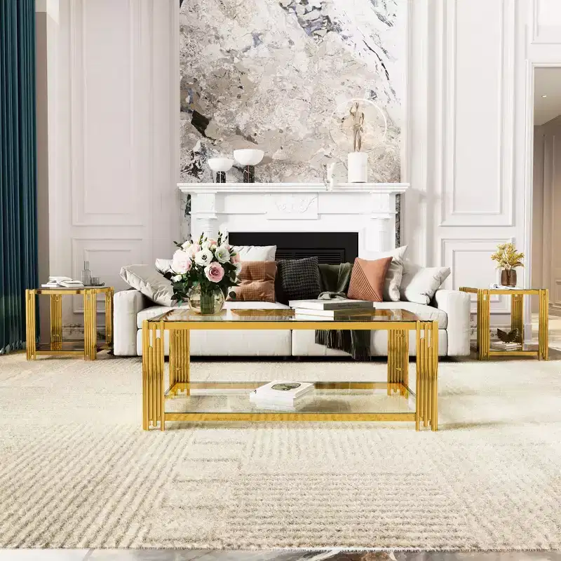 Whisen 3-Piece Modern Coffee Table & End Table Set with Tempered Glass Top & Asymmetrical Metal Base