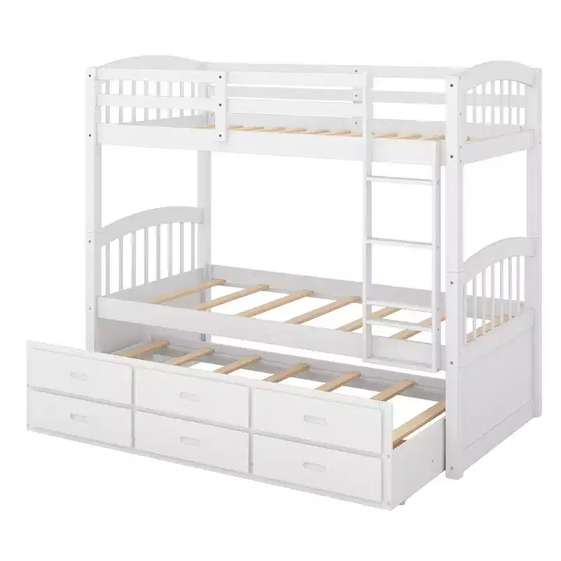 Twin over Twin Wood Bunk Bed with Ladder, Trundle & 3 Drawers – 400 lbs