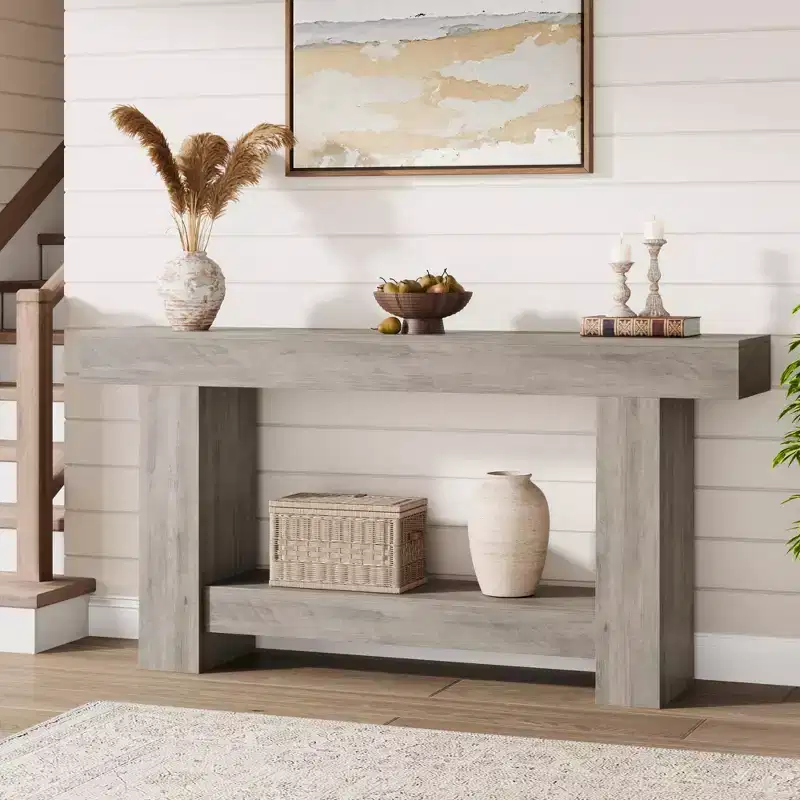 Farmhouse Console Table, 2-Tier Wood Sofa Table Behind Couch Narrow Entryway Accent Table for Entrance, Hallway, Living Room, Foyer