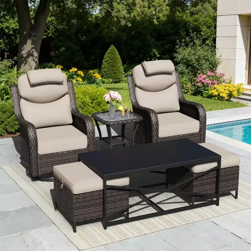 UPTIOT Outdoor Swivel Rocking Chairs Set with Convertible Ottomans and Coffee Table for Patio Relaxation