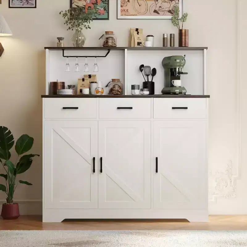 Farmhouse Sideboard Buffet with Microwave Stand, Barn Doors Buffet Storage Cabinet with Drawers and Shelves, Wood Coffee Bar Cabinet