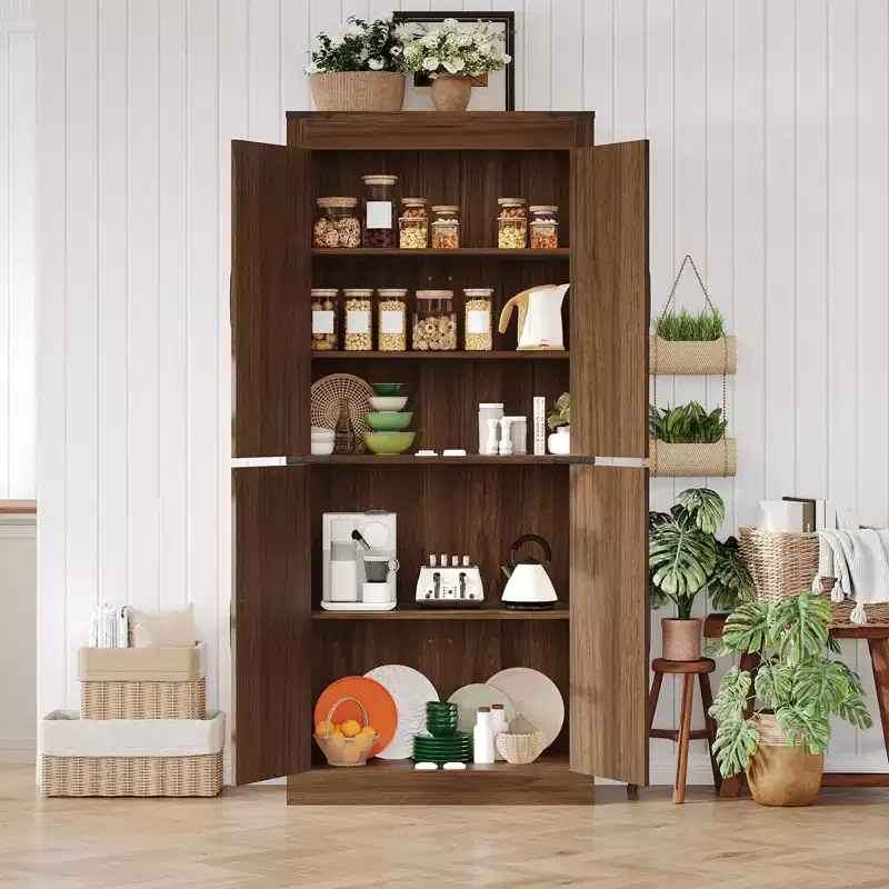 71 Tall Kitchen Pantry Cabinet, Freestanding Cupboard Storage Cabinet with Adjustable Shelves, Wooden Coffee Bar Cabinet for Living Room Kitchen