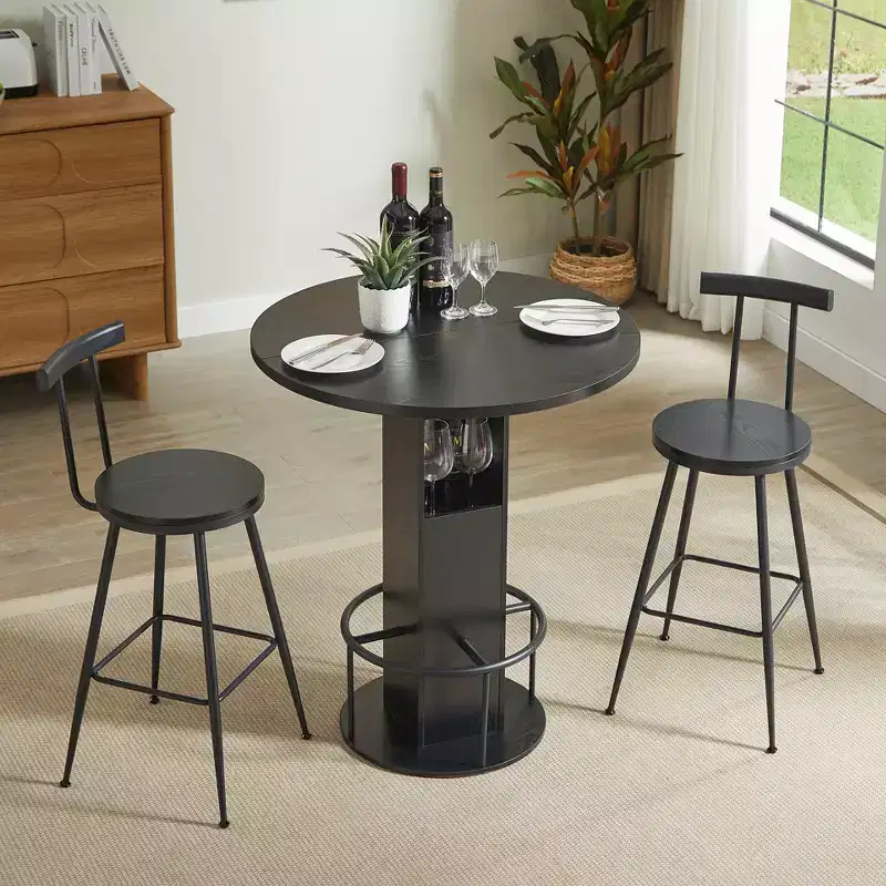 GDFStudio Yuna Modern Wooden 3 Piece Round Bar Table and Stools Set with Metal Ring Footrest