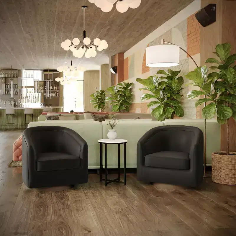 Club Style Commercial Barrel Accent Armchair with 360-Degree Swivel Metal Base and Sloped Armrests