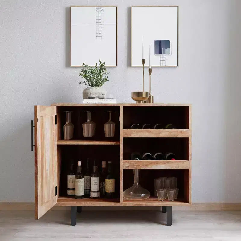 Merrick Lane Bar and Sideboard with Storage Cabinet, Hanging Stemware Holders and Bottle Storage