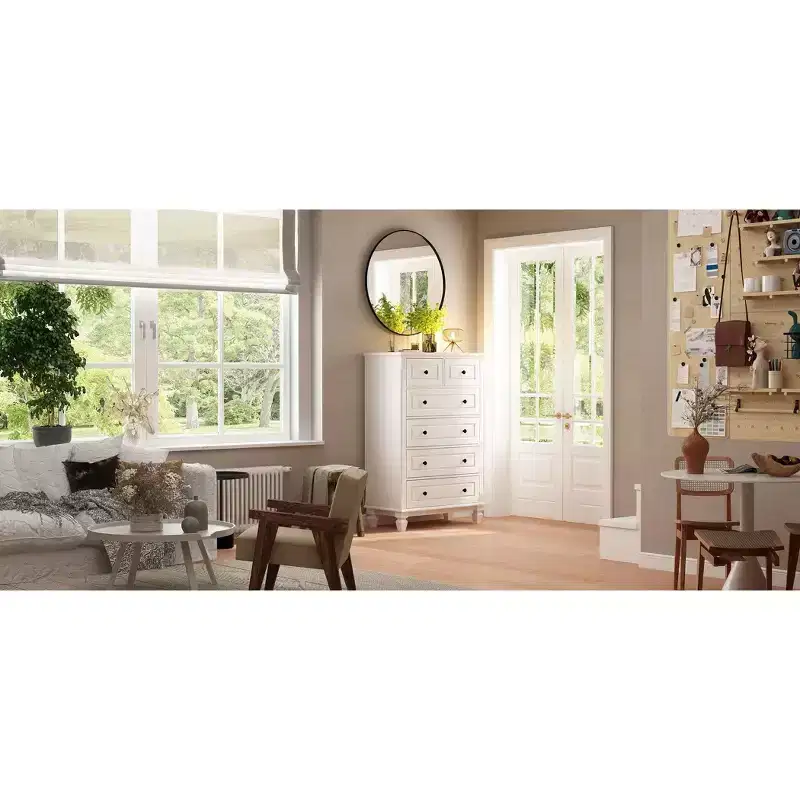 Hitow White Classic 6 Drawer Dresser with Sturdy Legs and Metal Handles
