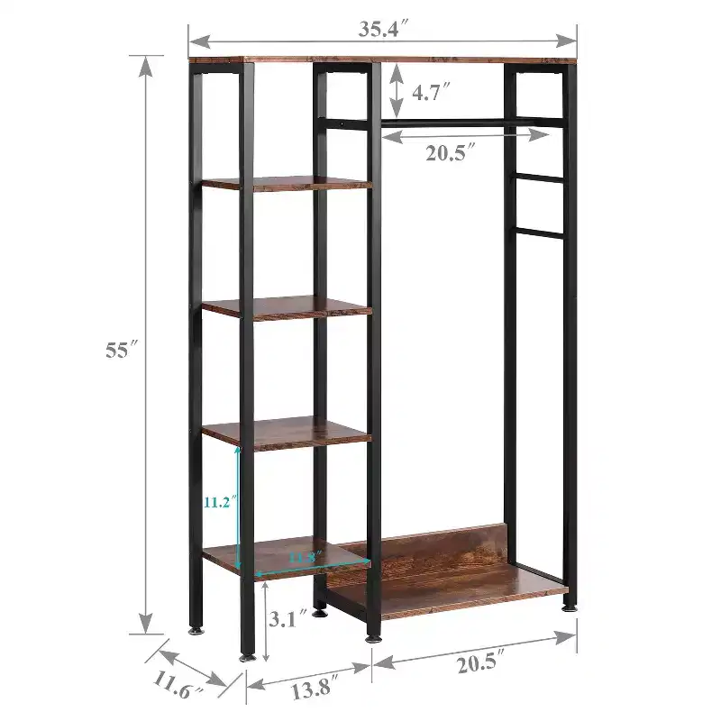 Open Garment Clothing Rack, Heavy Duty Free-Standing Storage Closet with 5 Shelves & Hanging Rod for Small Spaces, Oak/White