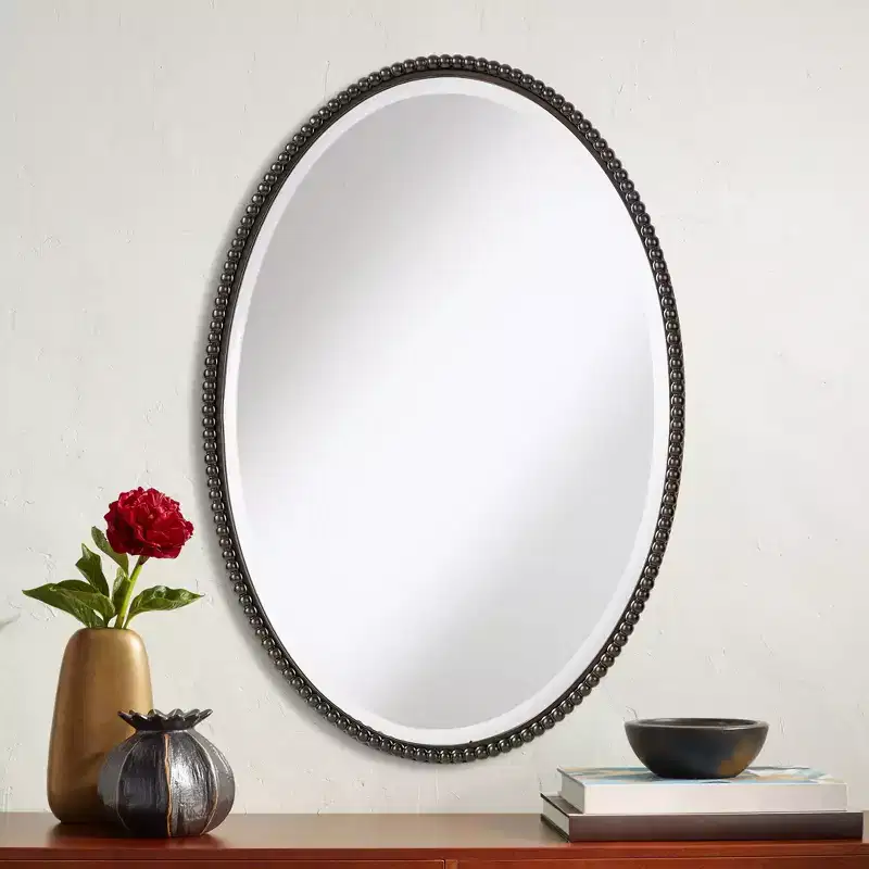 Uttermost Oval Vanity Decorative Wall Mirror Vintage Brown Beveled Oil Rubbed Bronze Beaded Frame 22 Wide for Bathroom Bedroom